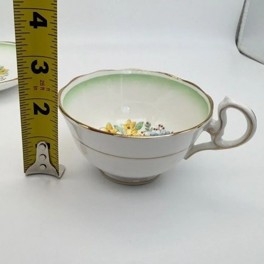 Royal Albert Tea Cup and Saucer Set Green Fade Yellow Ribbon Floral Bouquet 1586